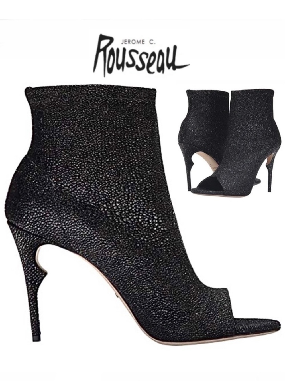 Jerome C. Rousseau Black Caviar Leather Open Toe Stiletto Heel Chic Booties 38.5